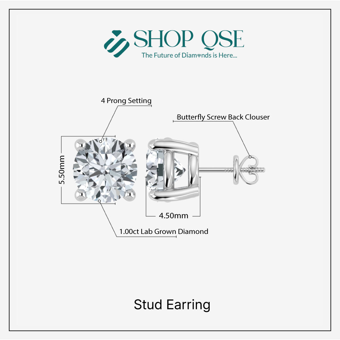 1.00 Carat IGI Certified Lab Grown Round Cut Diamond Studs Earrings 14k White/Yellow Gold 4 Prong Screw back & Push Back Jewelry Gift Box Packaging