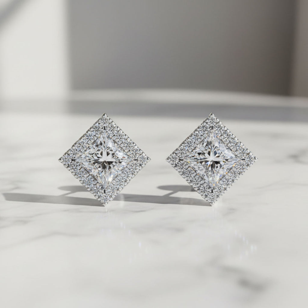 1.50 CT Princess Cut Halo Lab Grown Diamond Earrings