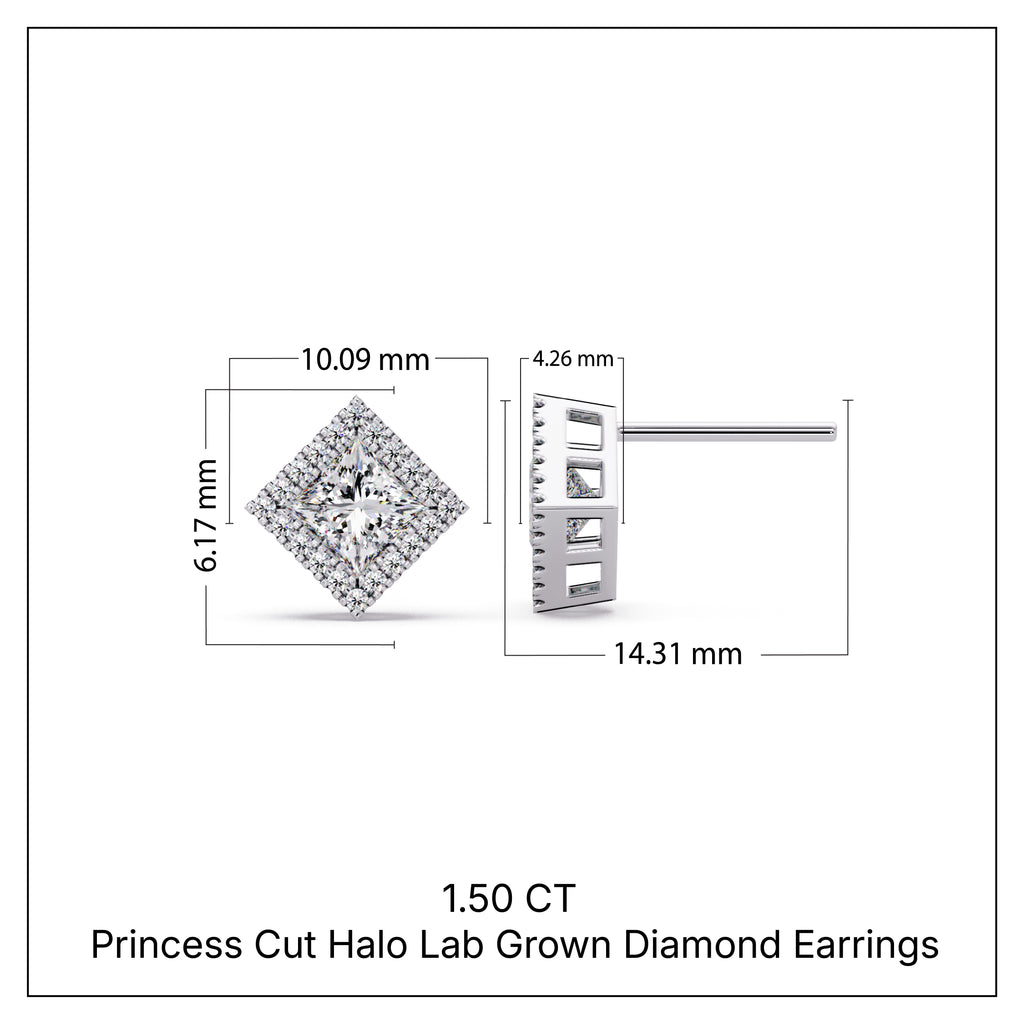 1.50 CT Princess Cut Halo Lab Grown Diamond Earrings