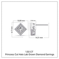 1.50 CT Princess Cut Halo Lab Grown Diamond Earrings