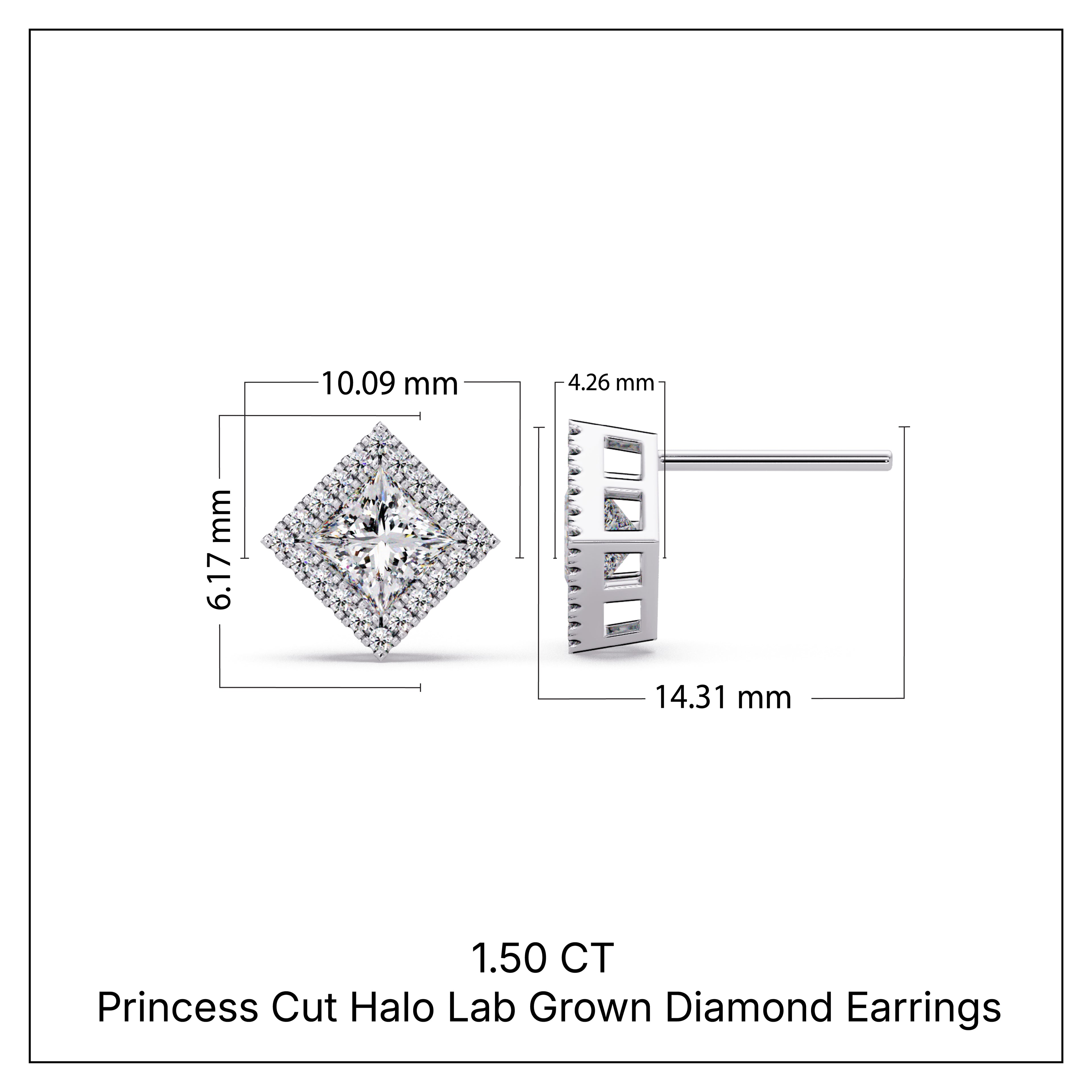 1.50 CT Princess Cut Halo Lab Grown Diamond Earrings