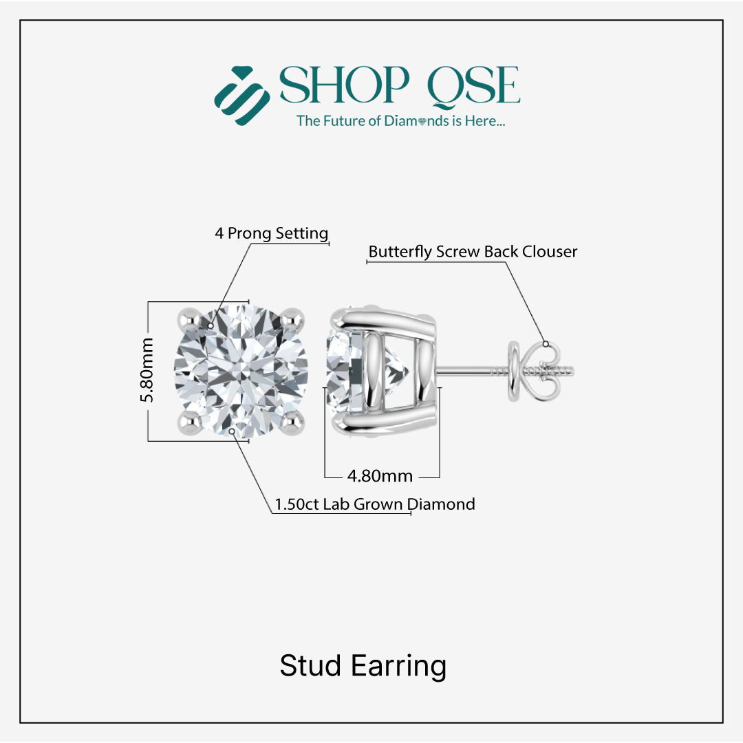 IGI 1.50ct Lab Grown Diamond Stud Earring Screw and Push Back