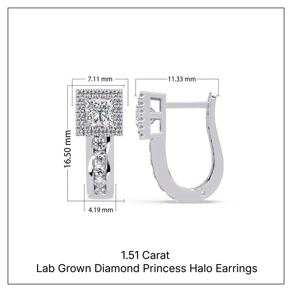 1.50 Carat Lab Grown Diamond Princess Halo Earrings