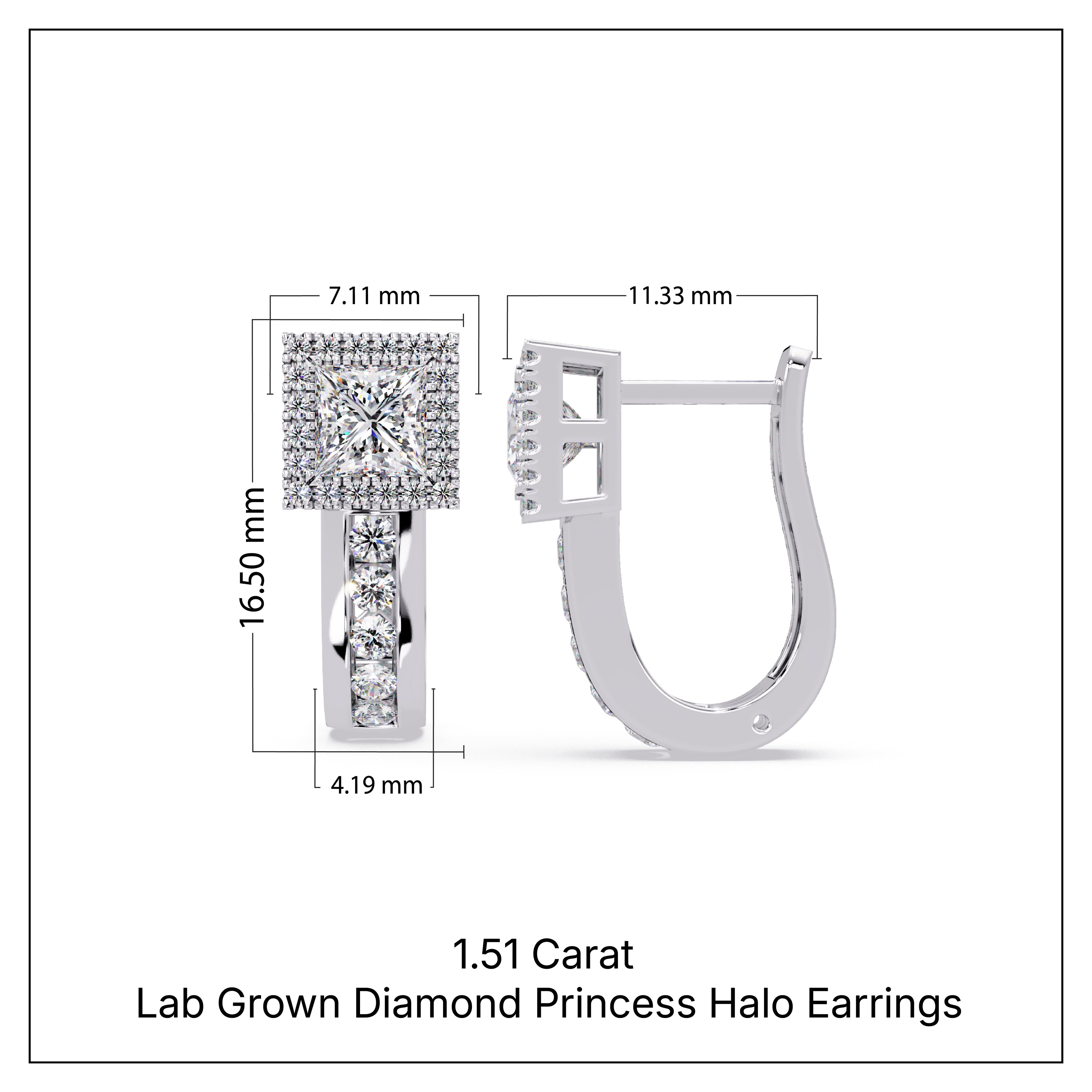 1.50 Carat Lab Grown Diamond Princess Halo Earrings