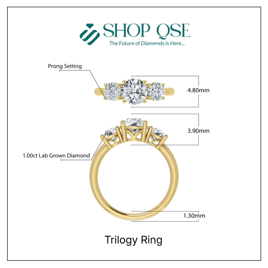 Anillo de trilogía de diamantes cultivados en laboratorio de 1,00 ct