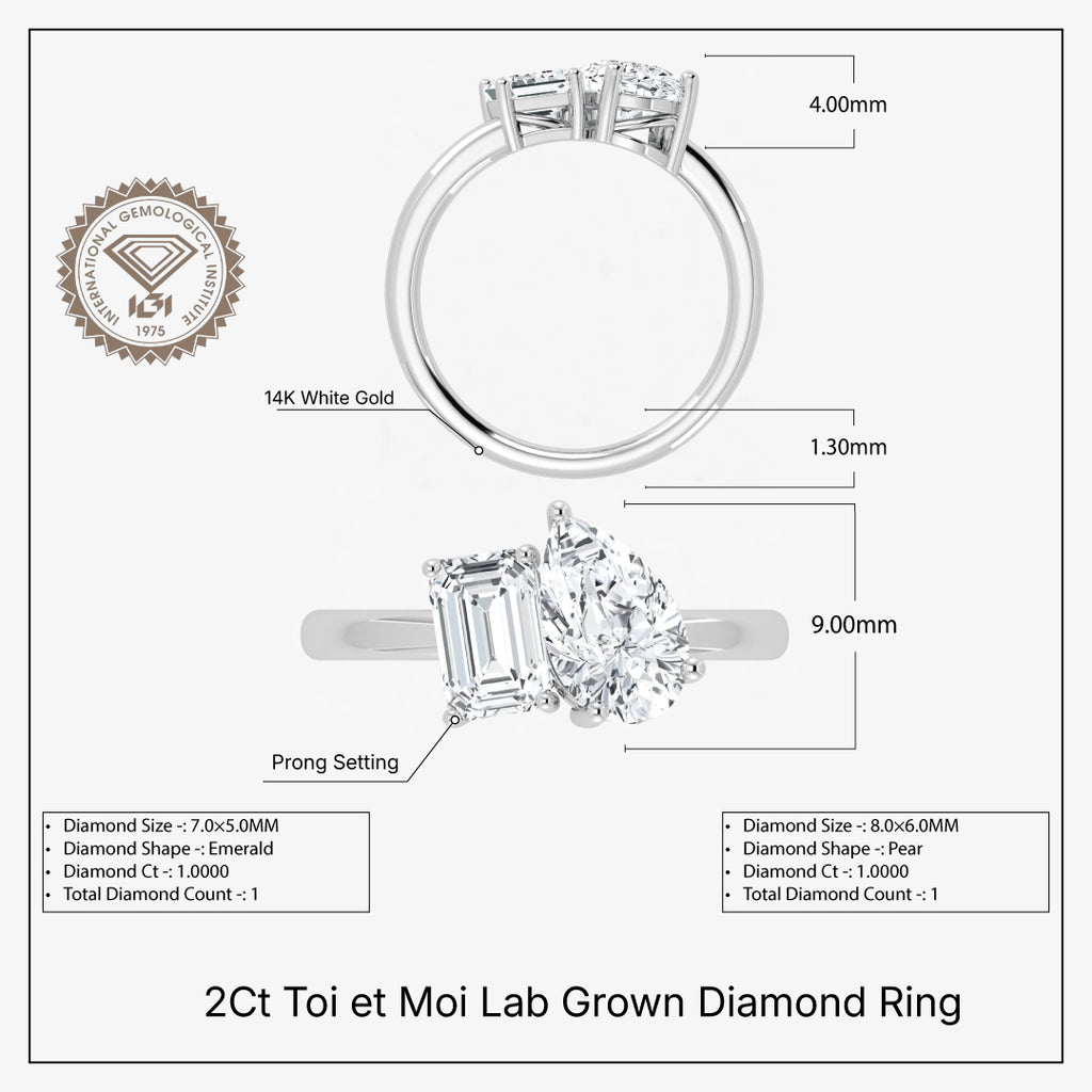 IGI Toi et Moi 2 Carat Lab Grown Diamond Ring