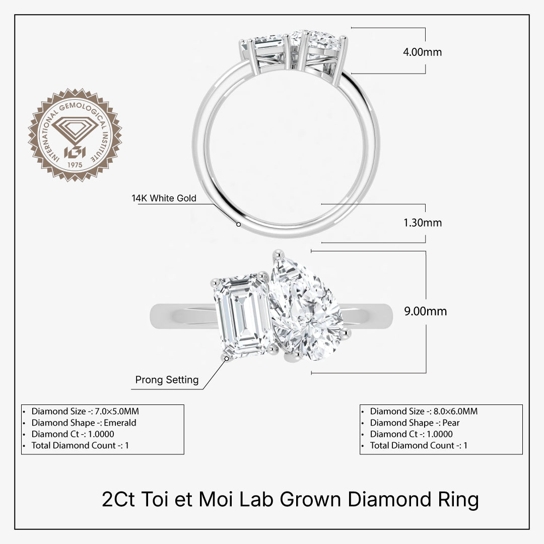 IGI Toi et Moi 2 Carat Lab Grown Diamond Ring