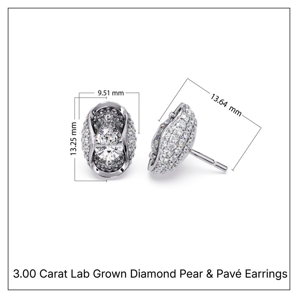3.00 Carat Lab Grown Diamond Pear & Pavé Earrings