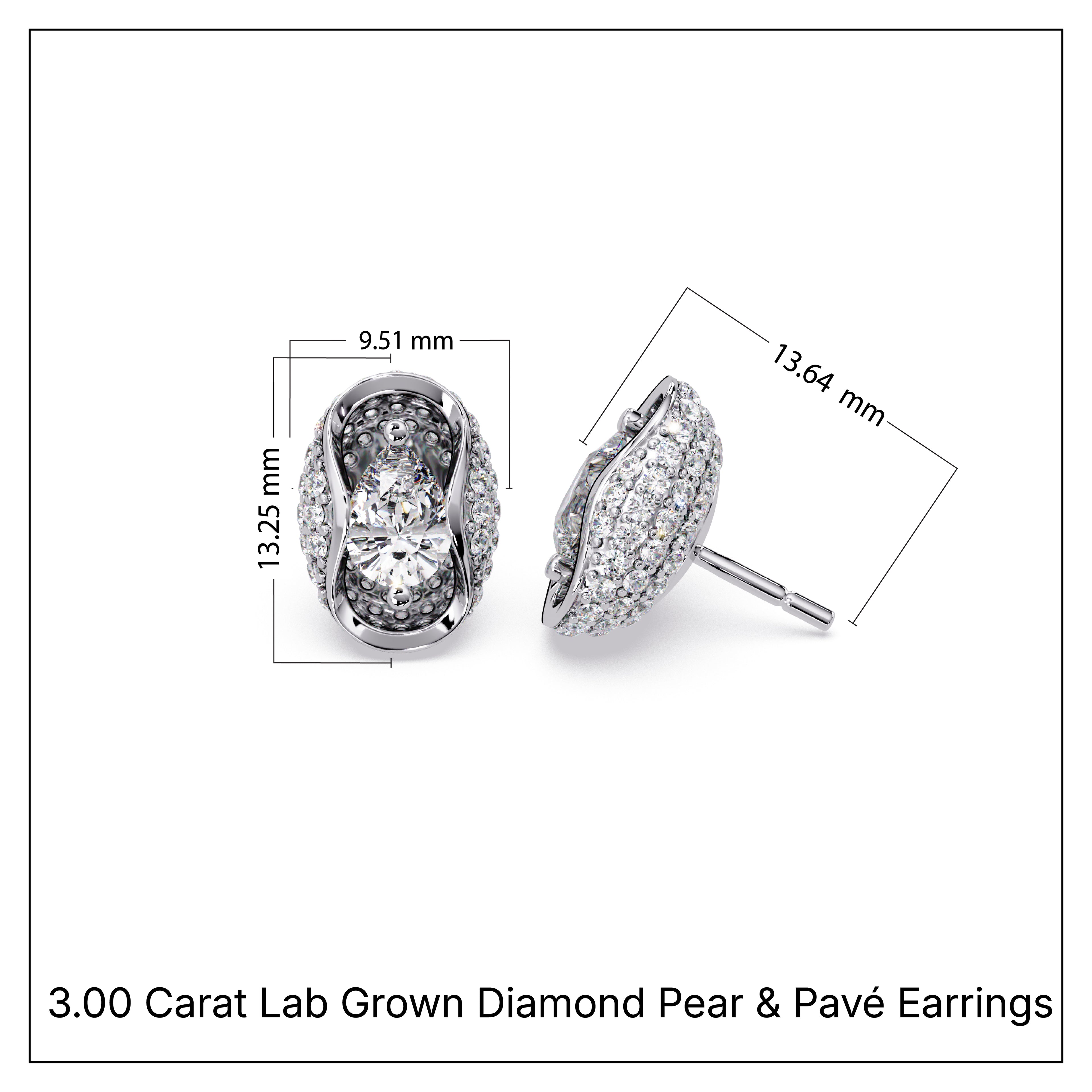 3.00 Carat Lab Grown Diamond Pear & Pavé Earrings