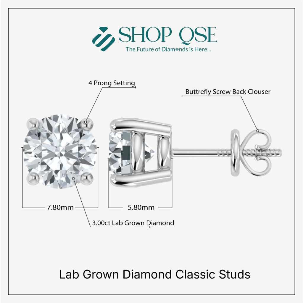IGI 3.00ct Lab Grown Diamond Classic Studs Screw Back