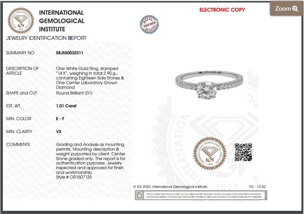 IGI 1.35ct Lab Grown Diamond Ring