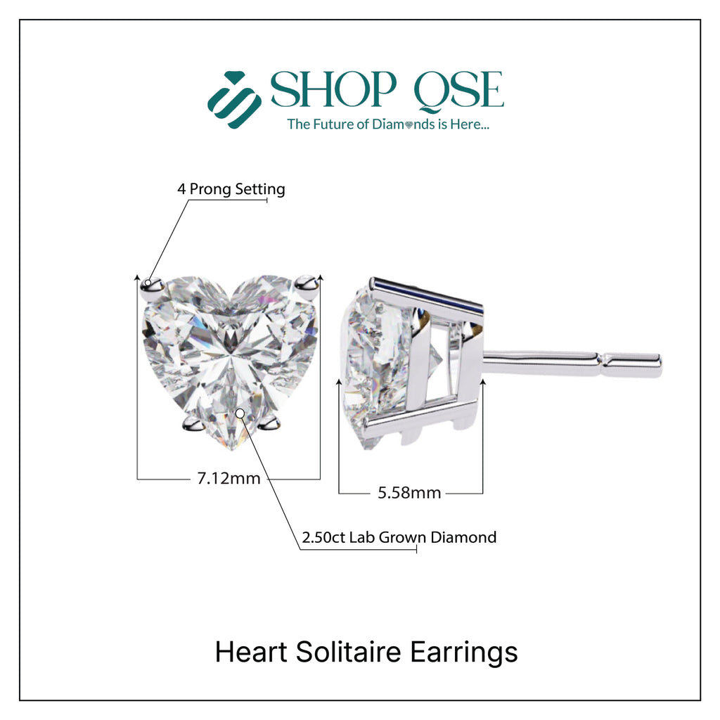 Pendientes de corazón solitario con diamantes cultivados en laboratorio de 2,50 ct