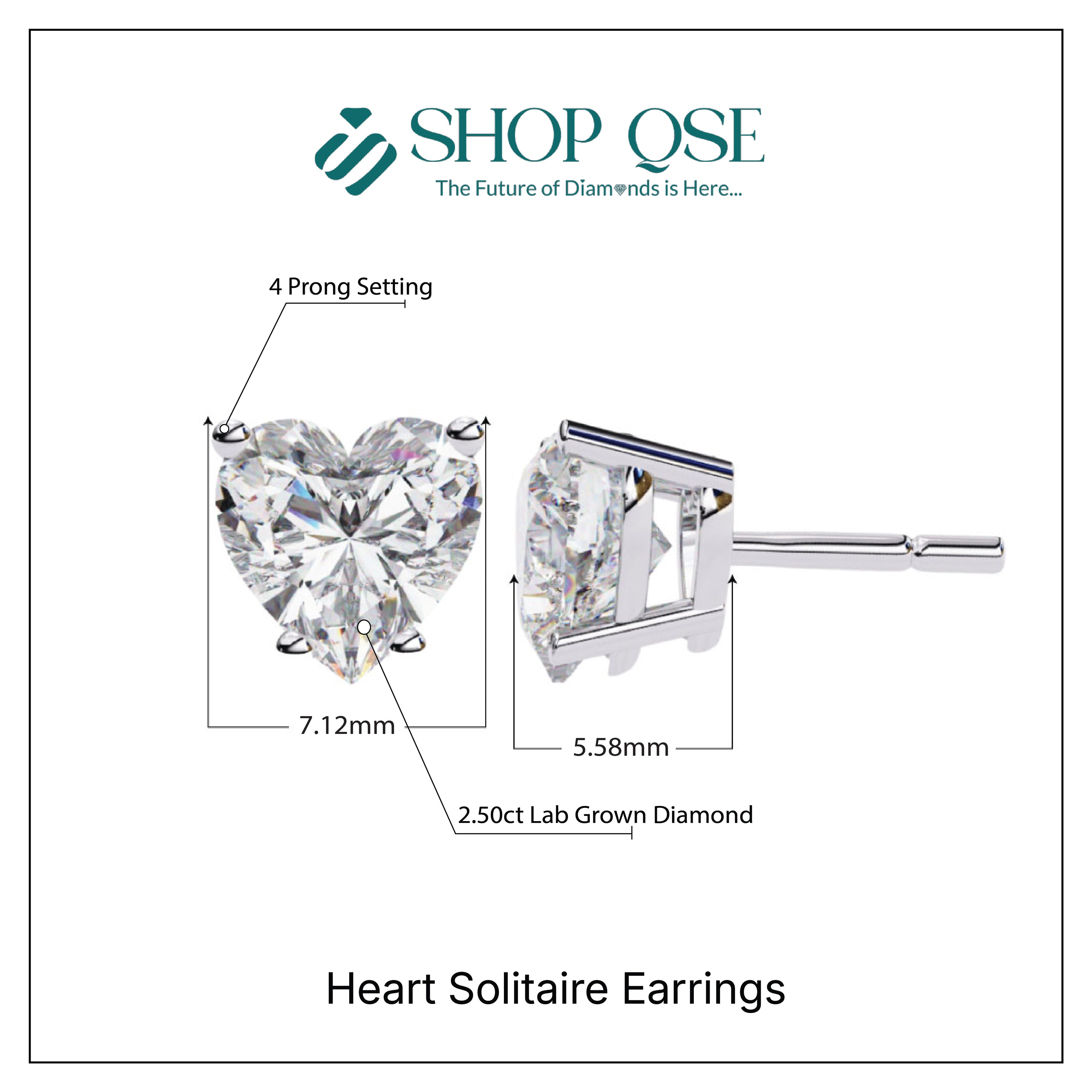 Pendientes de corazón solitario con diamantes cultivados en laboratorio de 2,50 ct