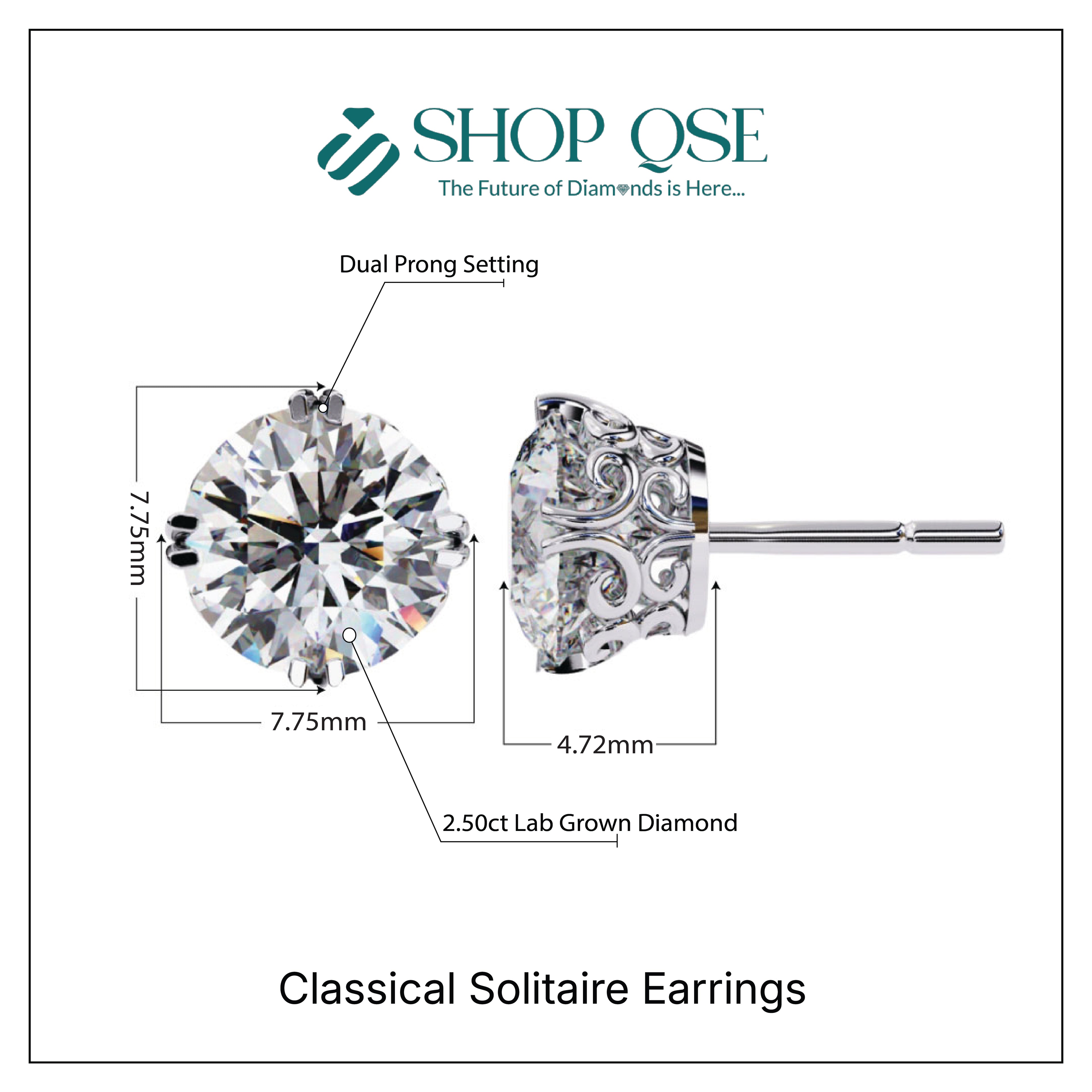 Pendientes solitarios clásicos con diamantes cultivados en laboratorio de 2,50 ct