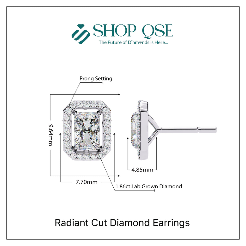 Pendientes de diamantes de talla radiante cultivados en laboratorio de 1,86 ct