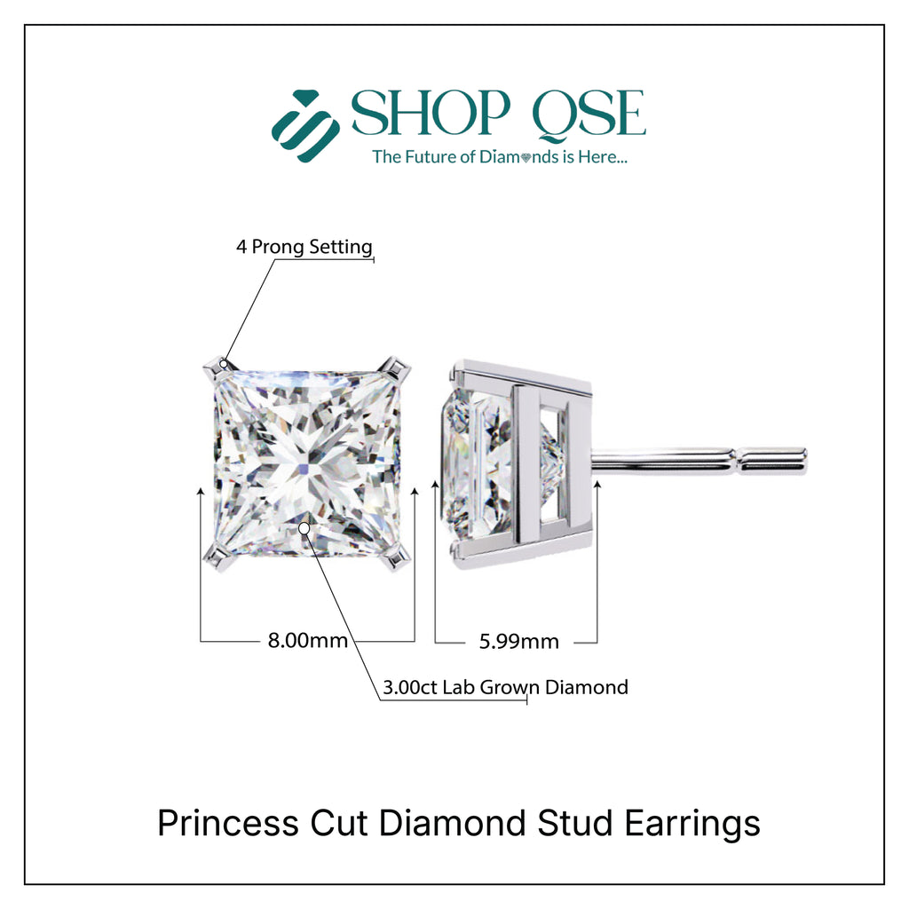 IGI 3.00ct Lab Grown Princess Cut Diamond Stud Earrings