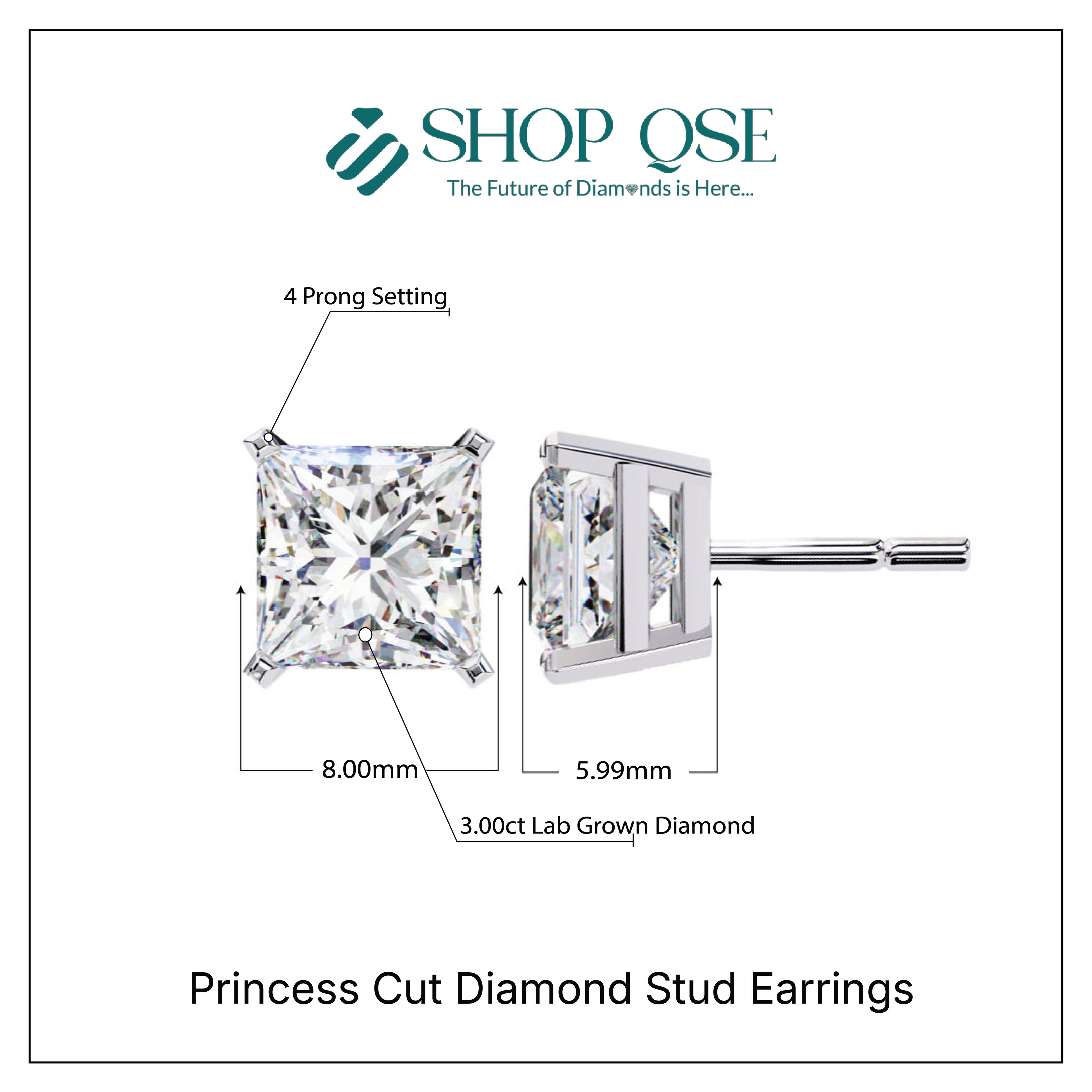 IGI 3.00ct Lab Grown Princess Cut Diamond Stud Earrings