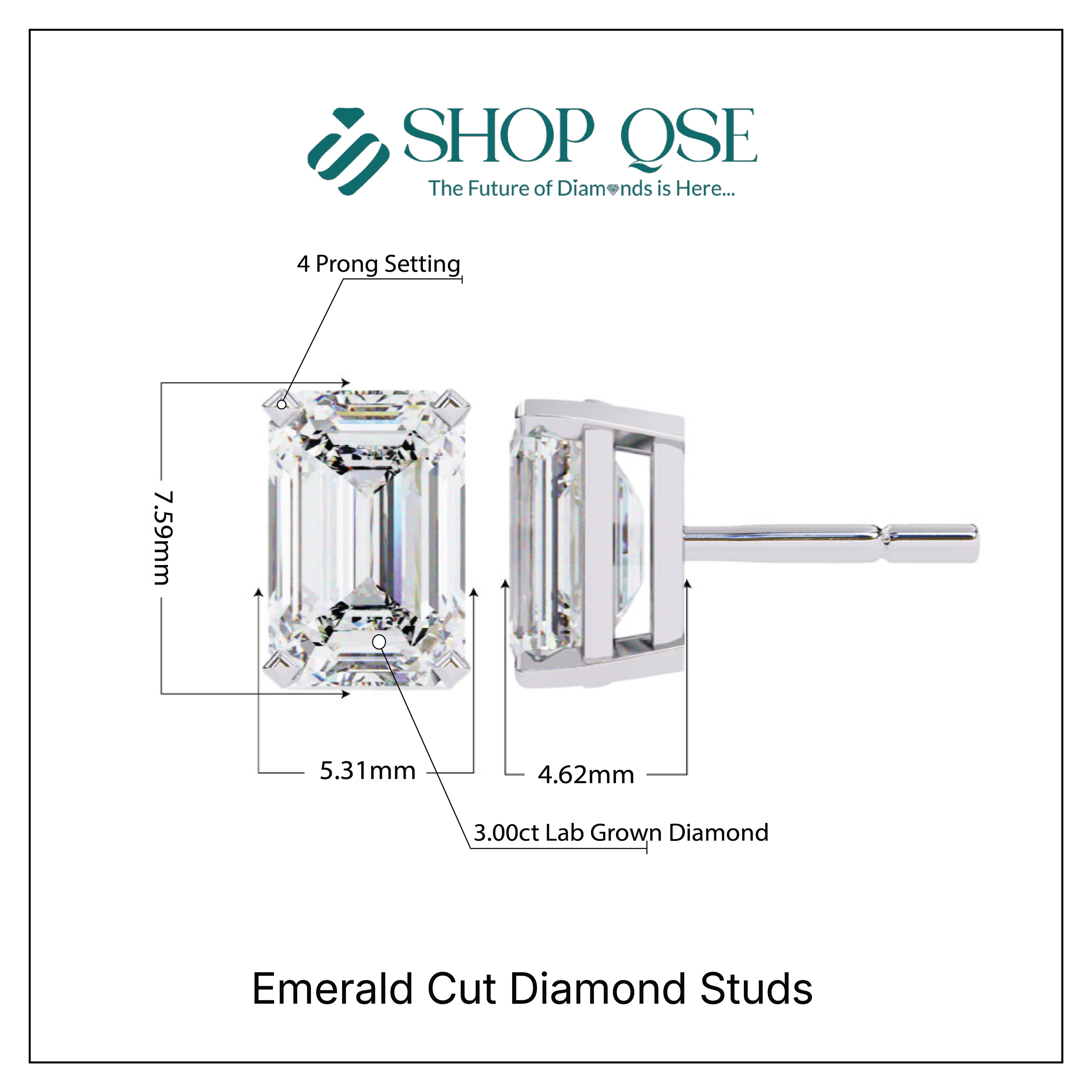 Aretes de diamantes de talla esmeralda cultivados en laboratorio de 3,00 ct