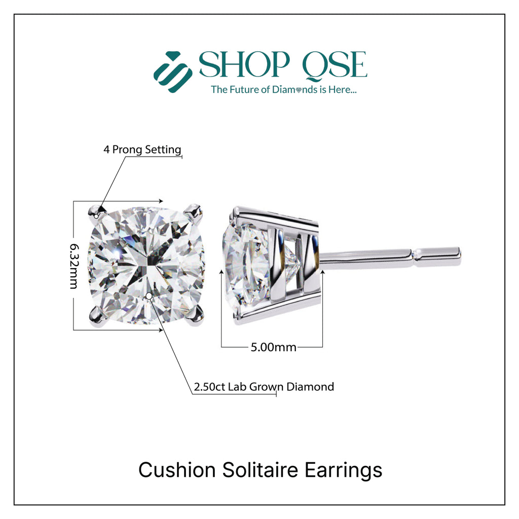 IGI 2.50ct Lab-Grown Diamond Cushion Solitaire Earrings