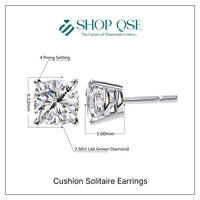 Pendientes solitarios de diamante cultivado en laboratorio de 2,50 ct con forma de cojín