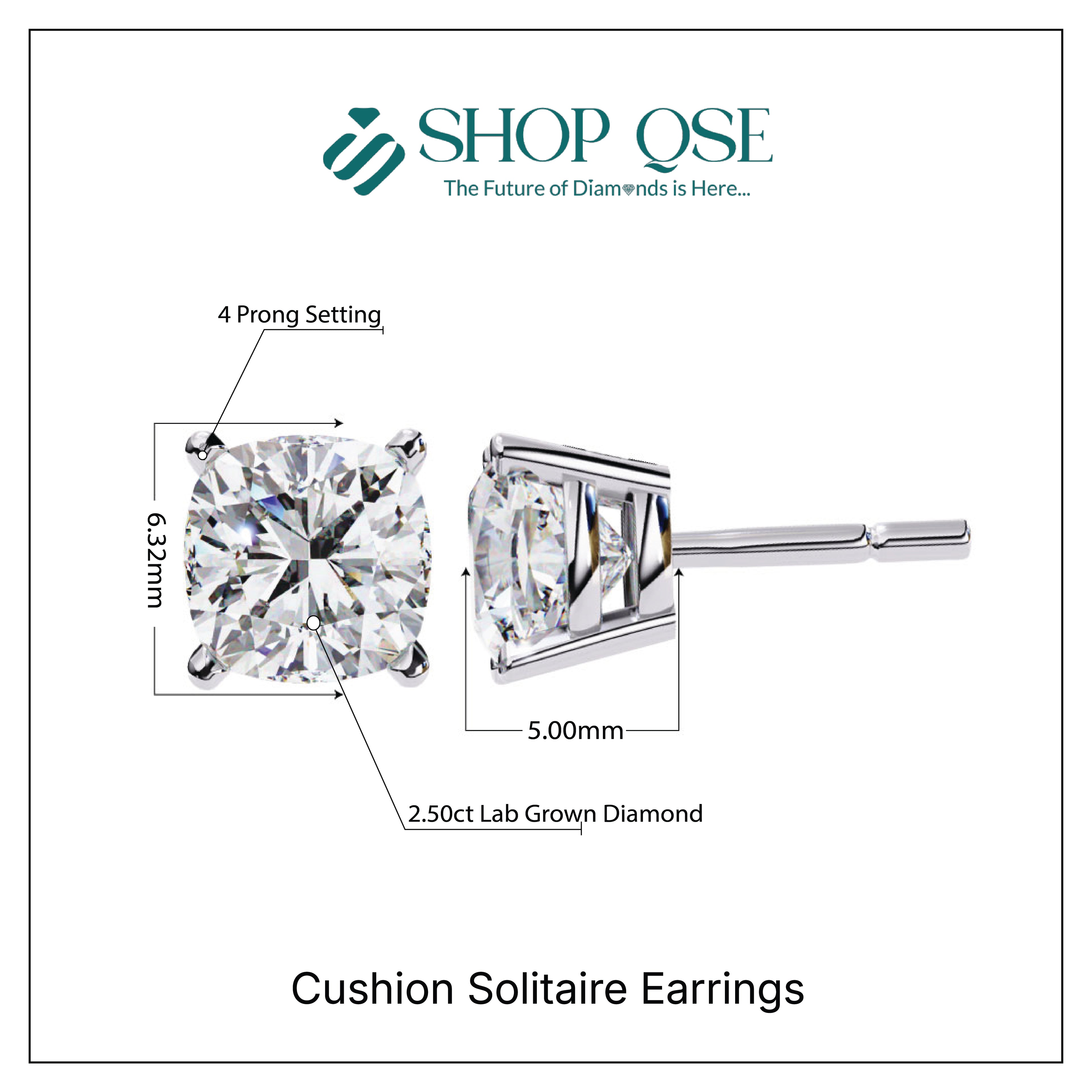 IGI 2.50ct Lab-Grown Diamond Cushion Solitaire Earrings
