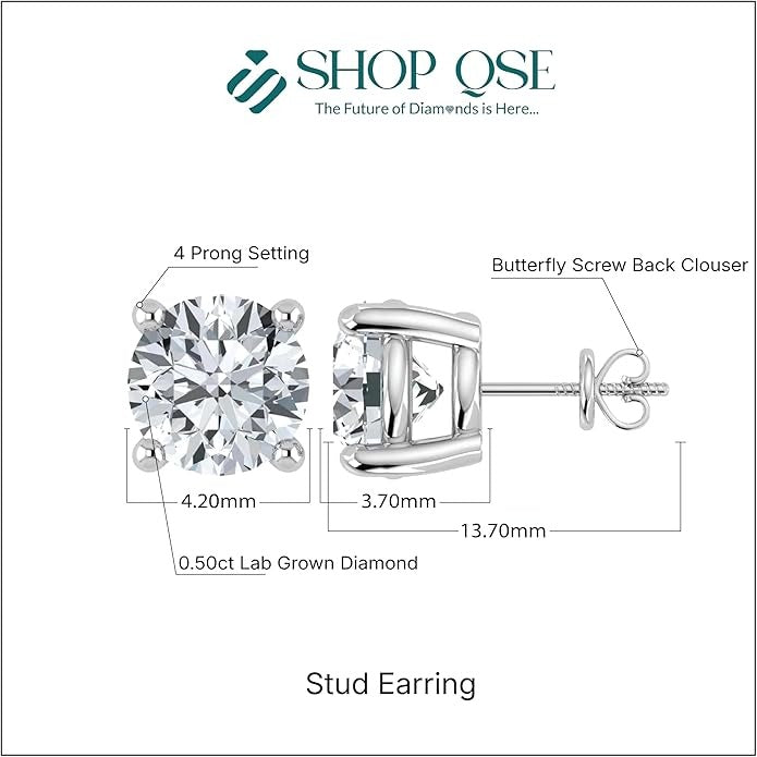 0.5-10.00 Carat IGI Certified Lab Grown Round Cut Diamond Studs Earrings 14k White/Yellow Gold 4 Prong Screw back & Push Back Jewelry Gift Box Packaging (E-F Color, VS1-VS2 Clarity)