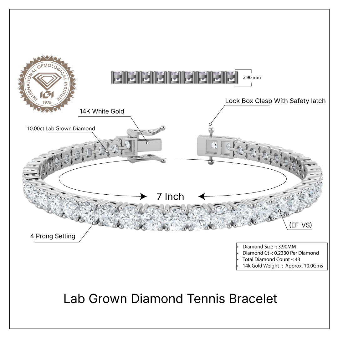 IGI Certified 3.00-10.00 Carat Lab Grown Diamond Tennis Bracelet for Women 14K Solid White and Yellow Gold Prong Setting Push Safety Lock Clasp Round Cut Jewelry Size 7" (E-F Color, VS1-VS2 Clarity)