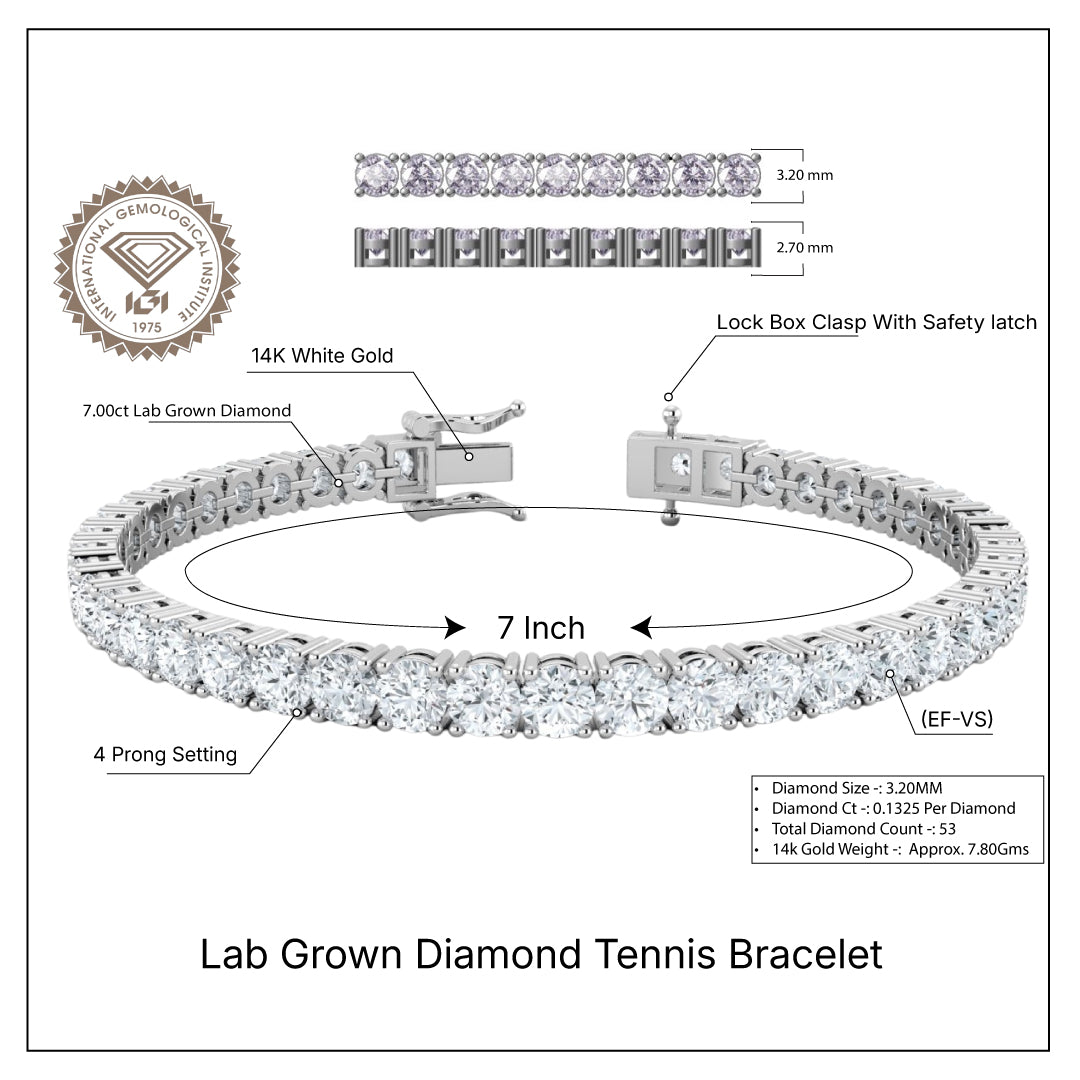 IGI Certified 3.00-10.00 Carat Lab Grown Diamond Tennis Bracelet for Women 14K Solid White and Yellow Gold Prong Setting Push Safety Lock Clasp Round Cut Jewelry Size 7" (E-F Color, VS1-VS2 Clarity)