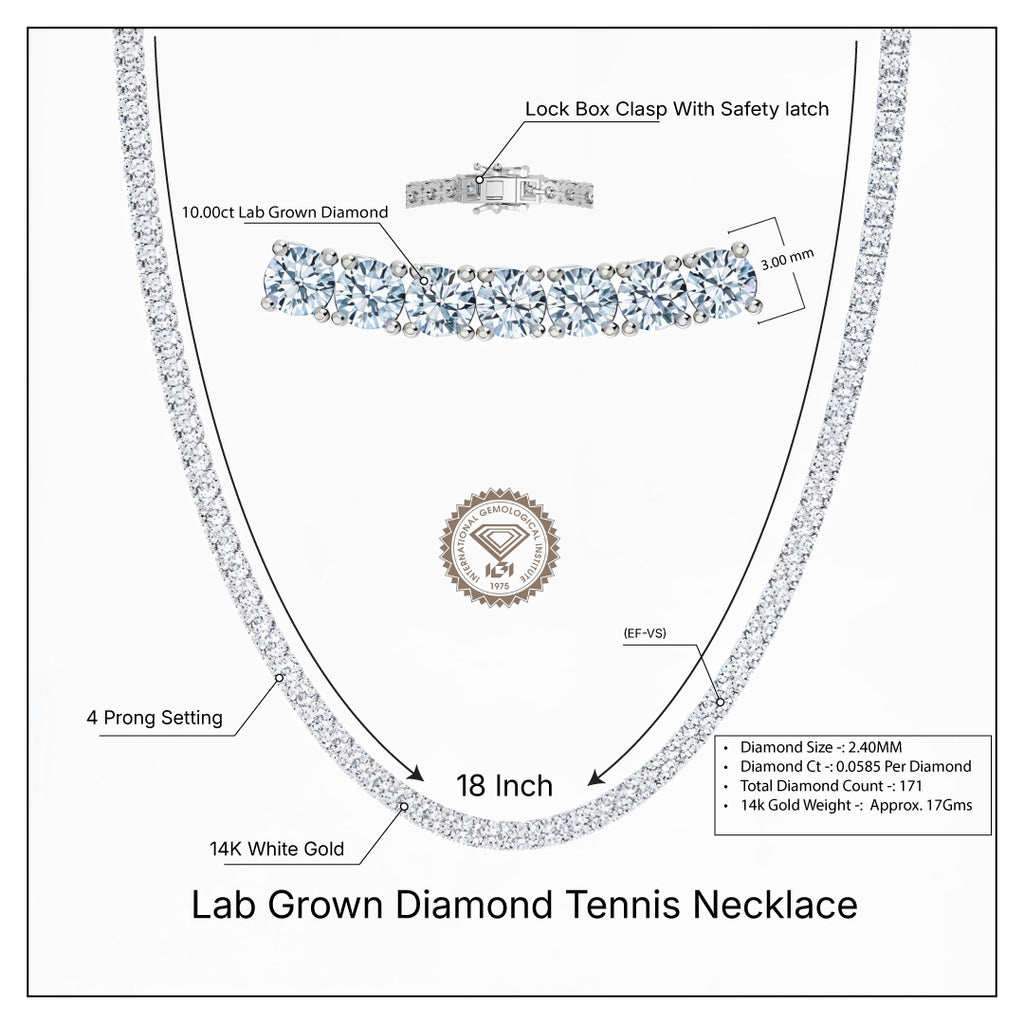 IGI Round Lab Grown Diamond Tennis Necklace (5-10 Carat) 18 Inches