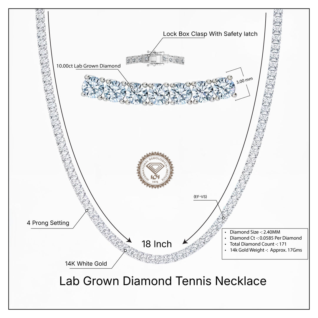 IGI Round Lab Grown Diamond Tennis Necklace (5-10 Carat) 18 Inches