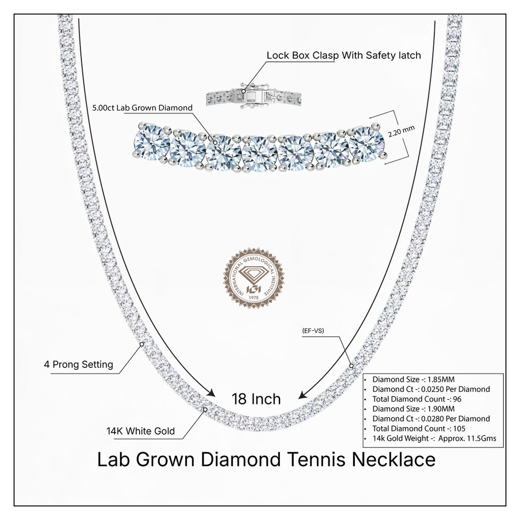 IGI Round Lab Grown Diamond Tennis Necklace (5-10 Carat) 18 Inches