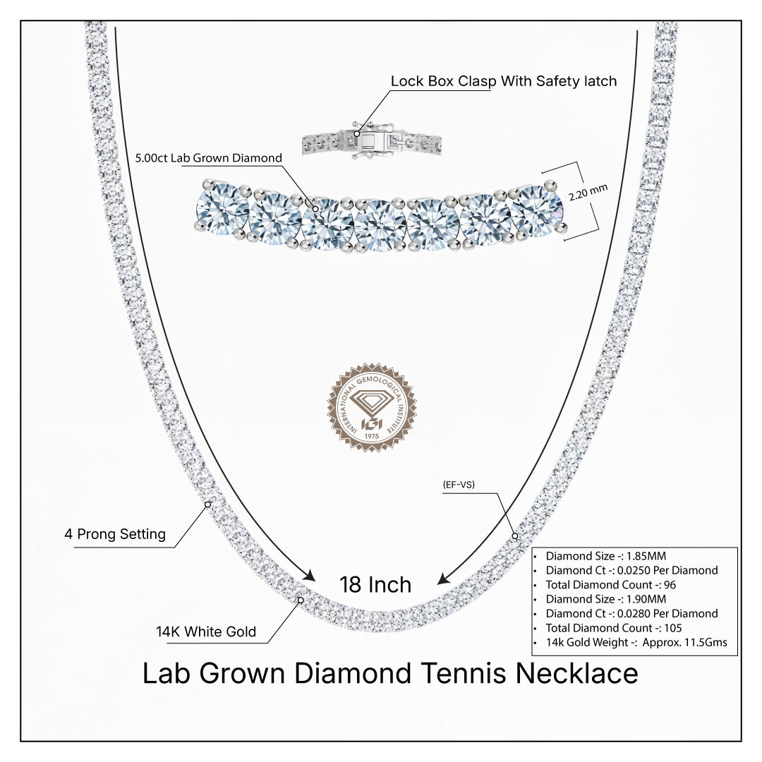 IGI Round Lab Grown Diamond Tennis Necklace (5-10 Carat) 18 Inches