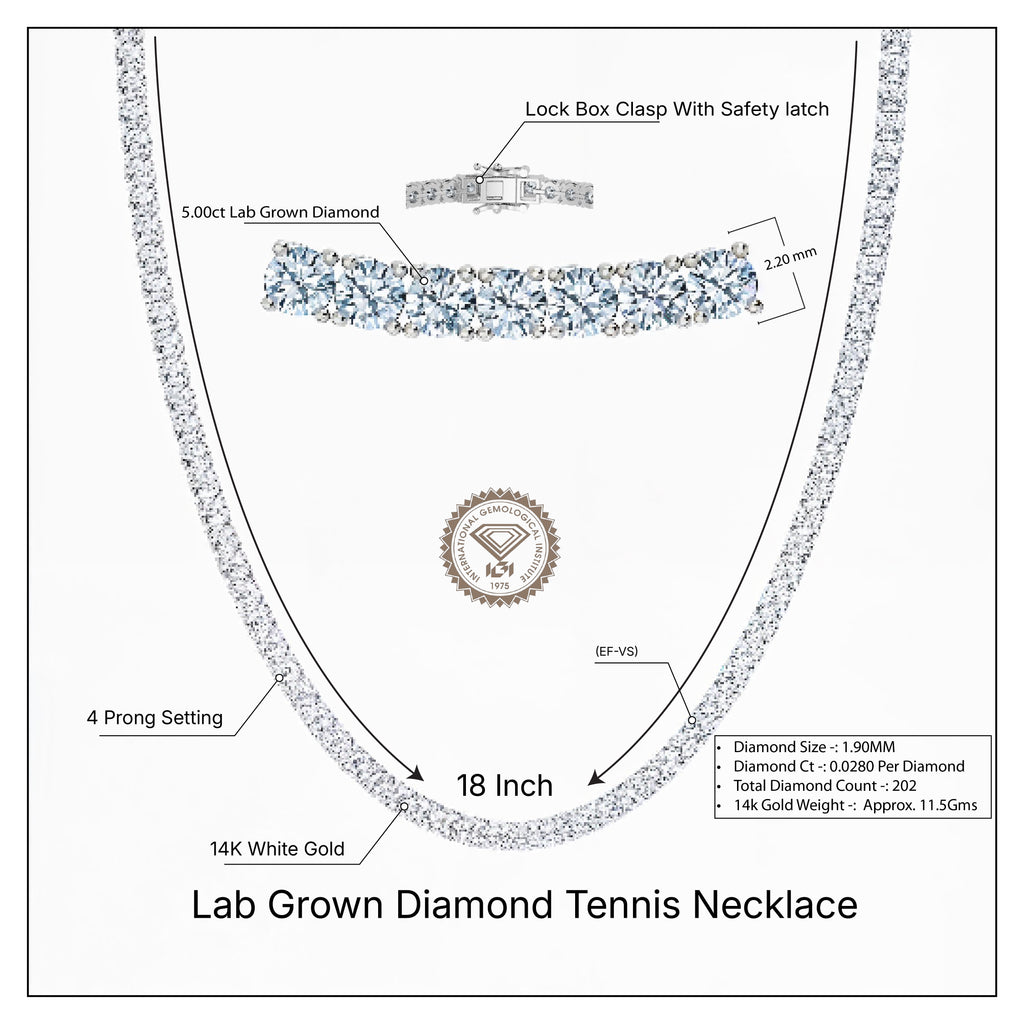 IGI Round Lab Grown Diamond Tennis Necklace (5-10 Carat) 18 Inches