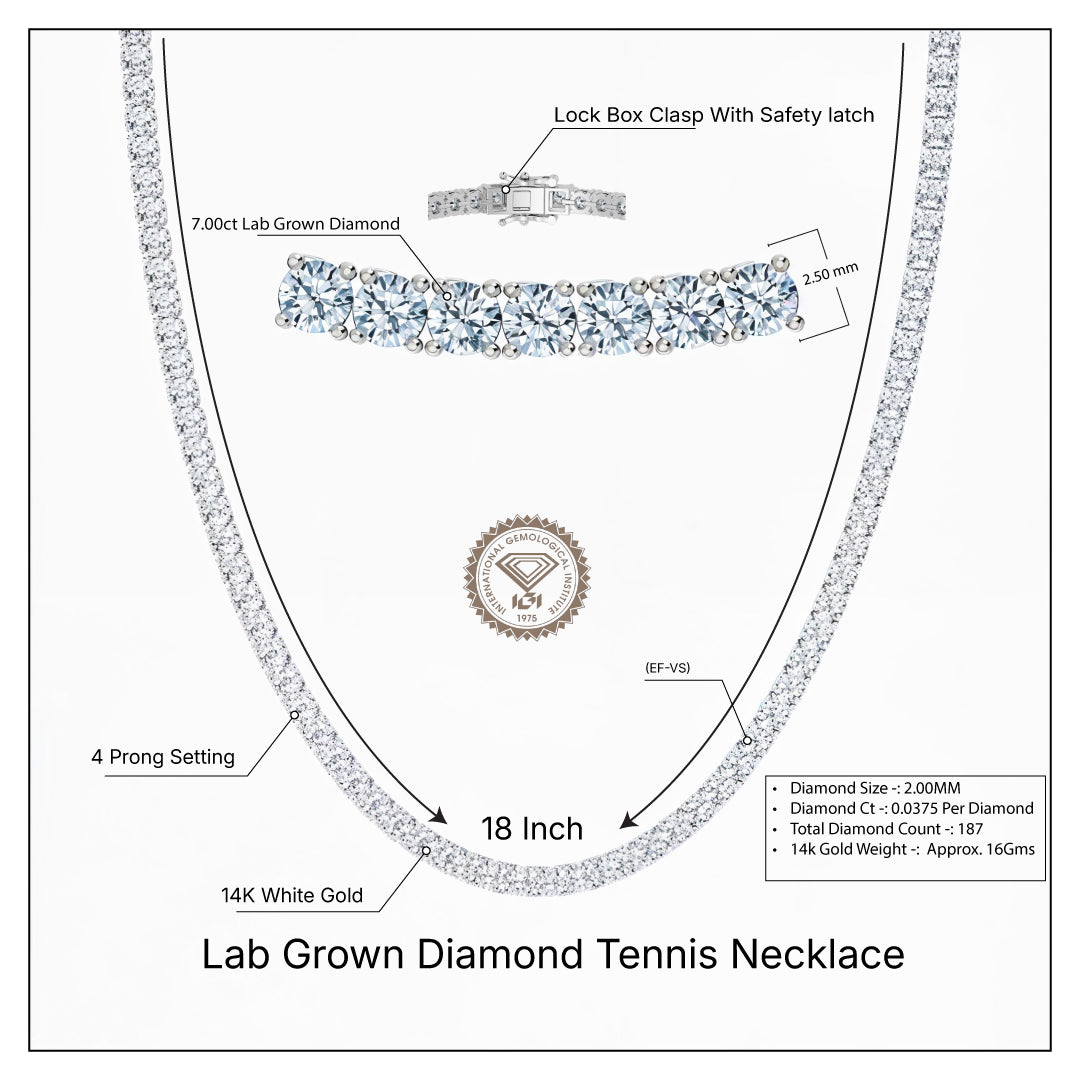 IGI Round Lab Grown Diamond Tennis Necklace (5-10 Carat) 18 Inches