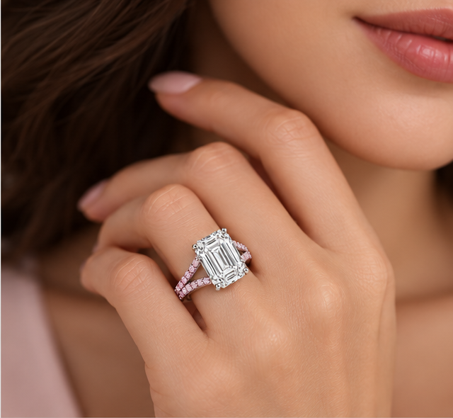 Model wearing emerald cut pink accent ring