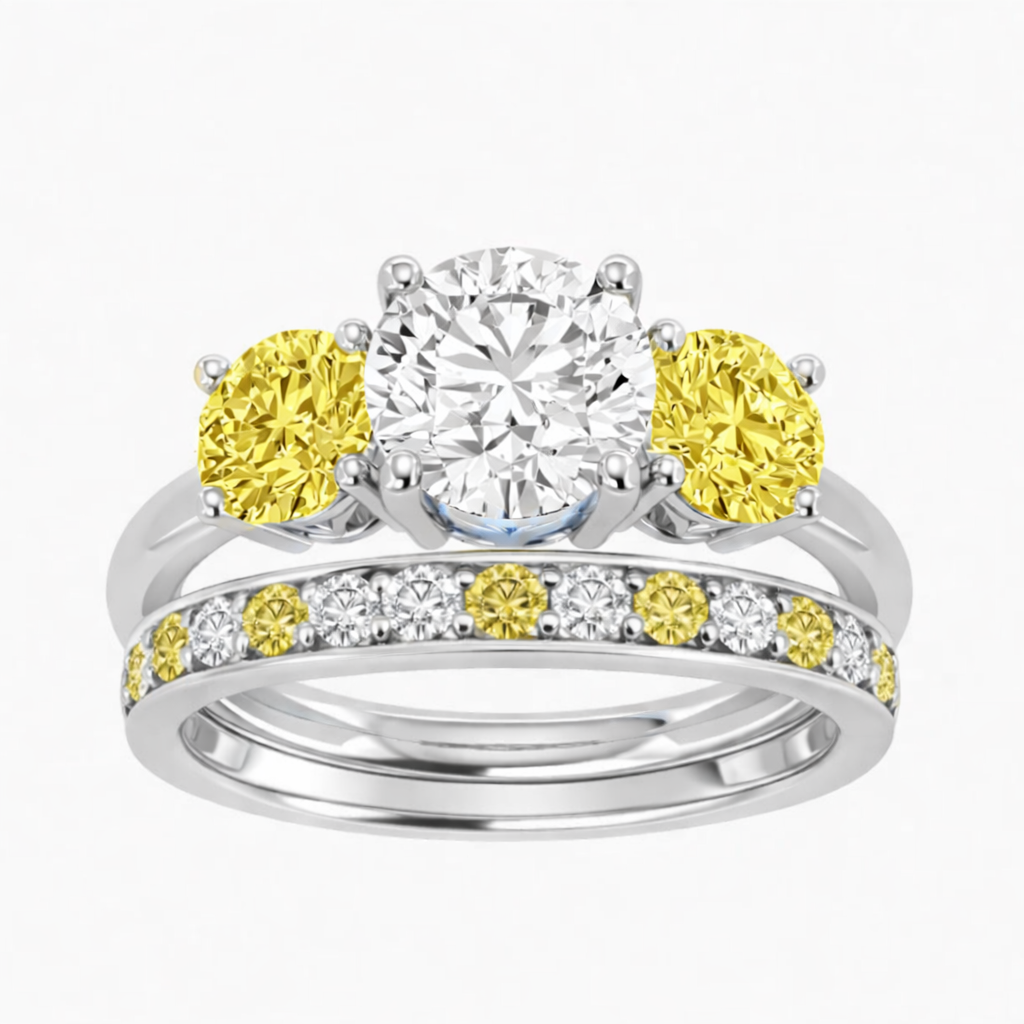 4CT IGI Lab Grown Yellow & White Diamond Three-Stone Engagement Ring with Channel Set Stackable Band – 14K White Gold – Size 6