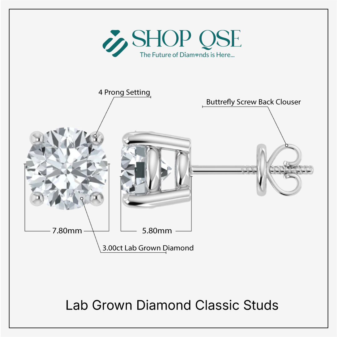 IGI 3.00ct Lab Grown Diamond Classic Studs Push Back