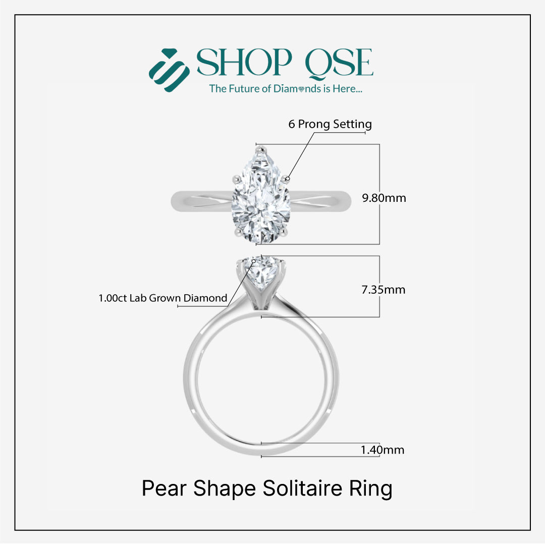 Anillo solitario en forma de pera con diamante cultivado en laboratorio de 1 ct