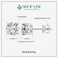 Lab Grown Diamond Solitaire Stud Earrings Push Back in 925 Silver (1.00CT-2.00CT)