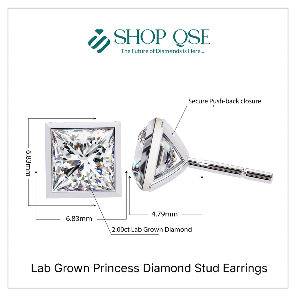 IGI 2ct Lab Grown Princess Diamond Stud Earrings