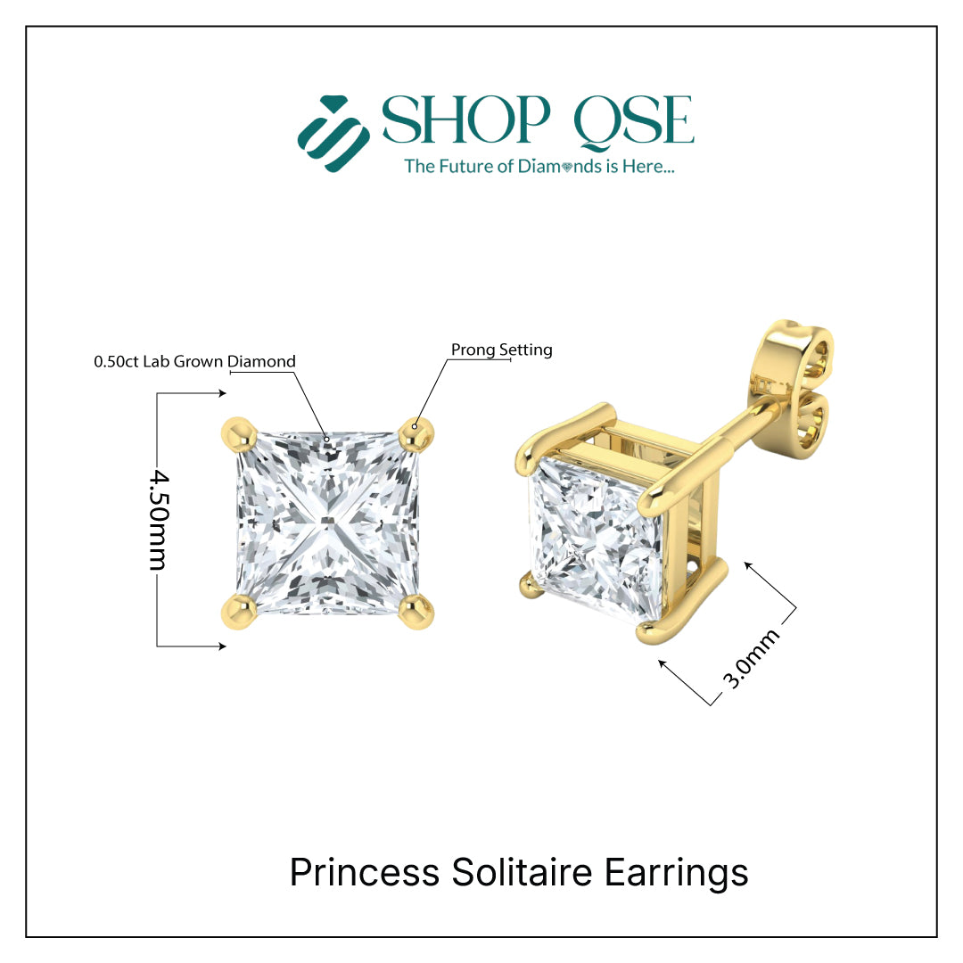 Pendientes de diamante solitario princesa cultivado en laboratorio (0,50 ct-2,50 ct)