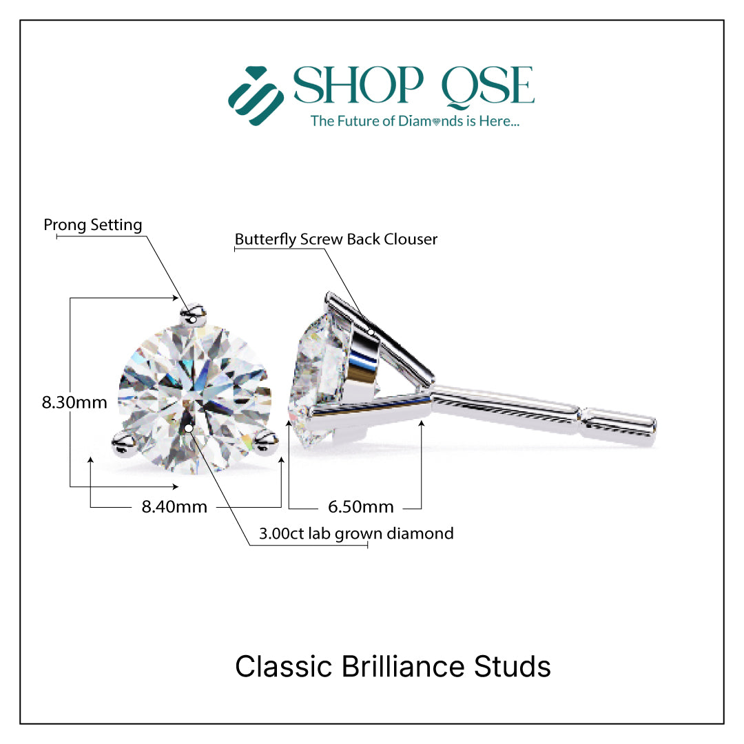 Pendientes de tuerca Classic Brilliance con diamantes cultivados en laboratorio de 3,00 ct EF VVS2
