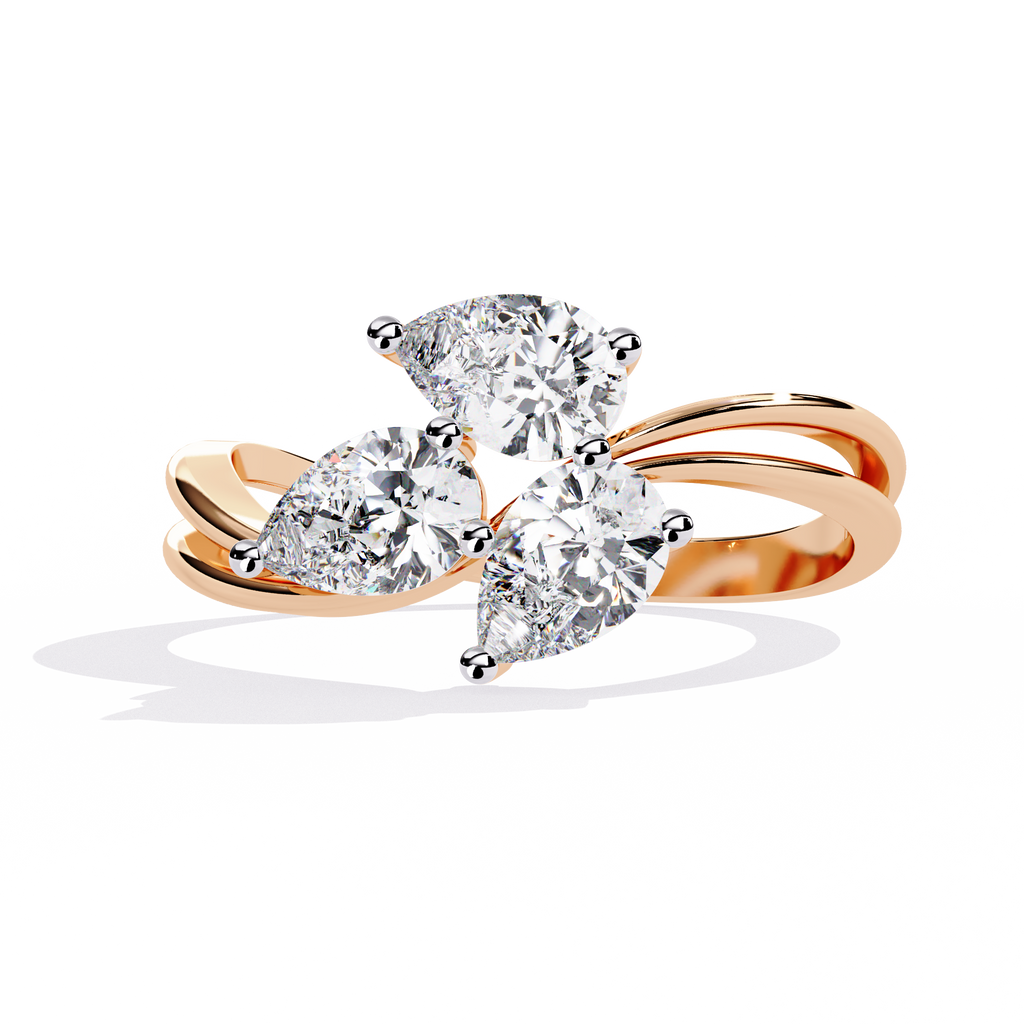 Elegante anillo de diamantes cultivados en laboratorio con forma de pera y tres piedras