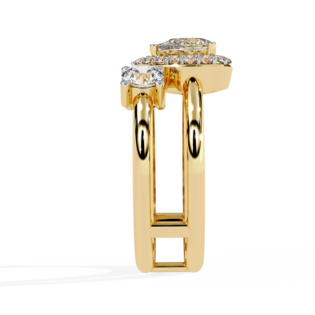 Elegante anillo de diamantes cultivados en laboratorio con forma de pera y tres piedras