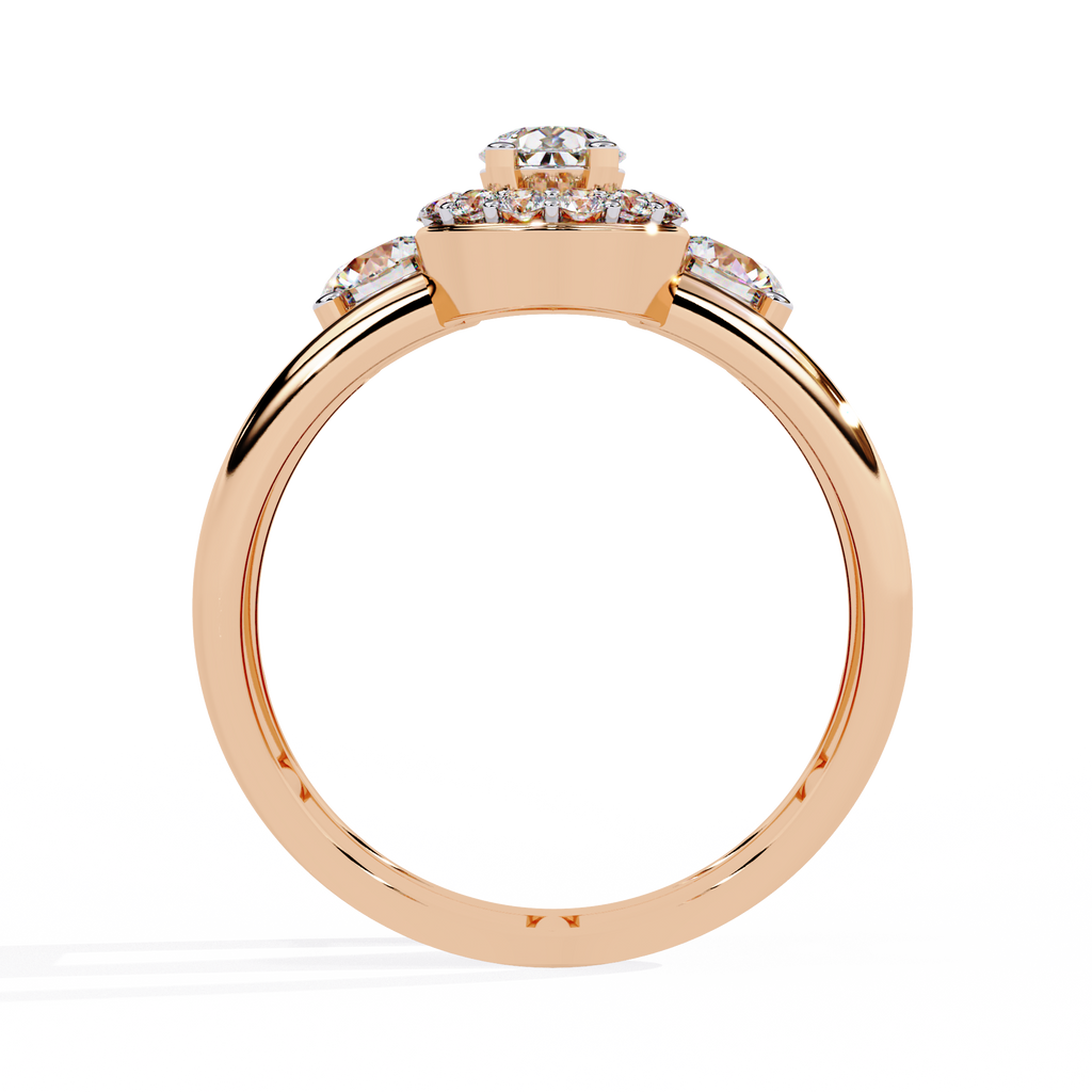 Elegante anillo de diamantes cultivados en laboratorio con forma de pera y tres piedras