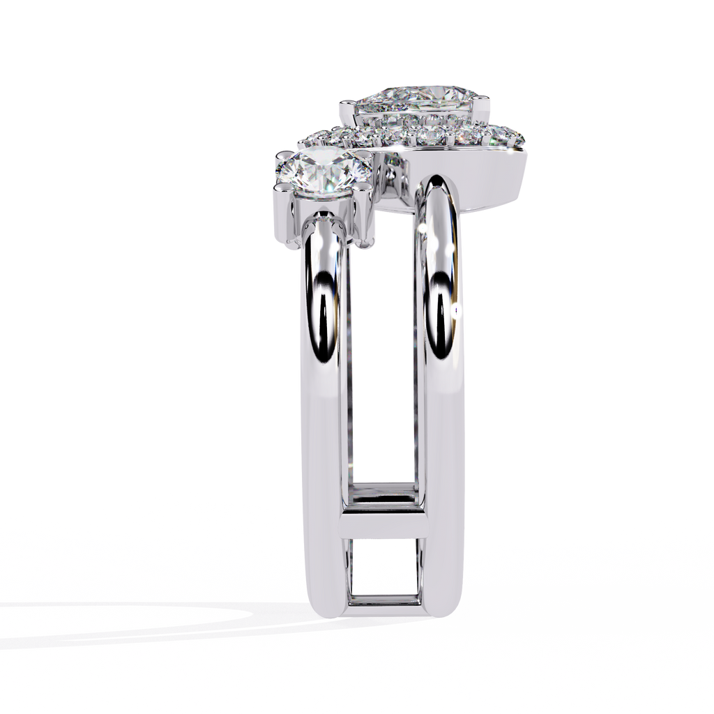 Elegante anillo de diamantes cultivados en laboratorio con forma de pera y tres piedras