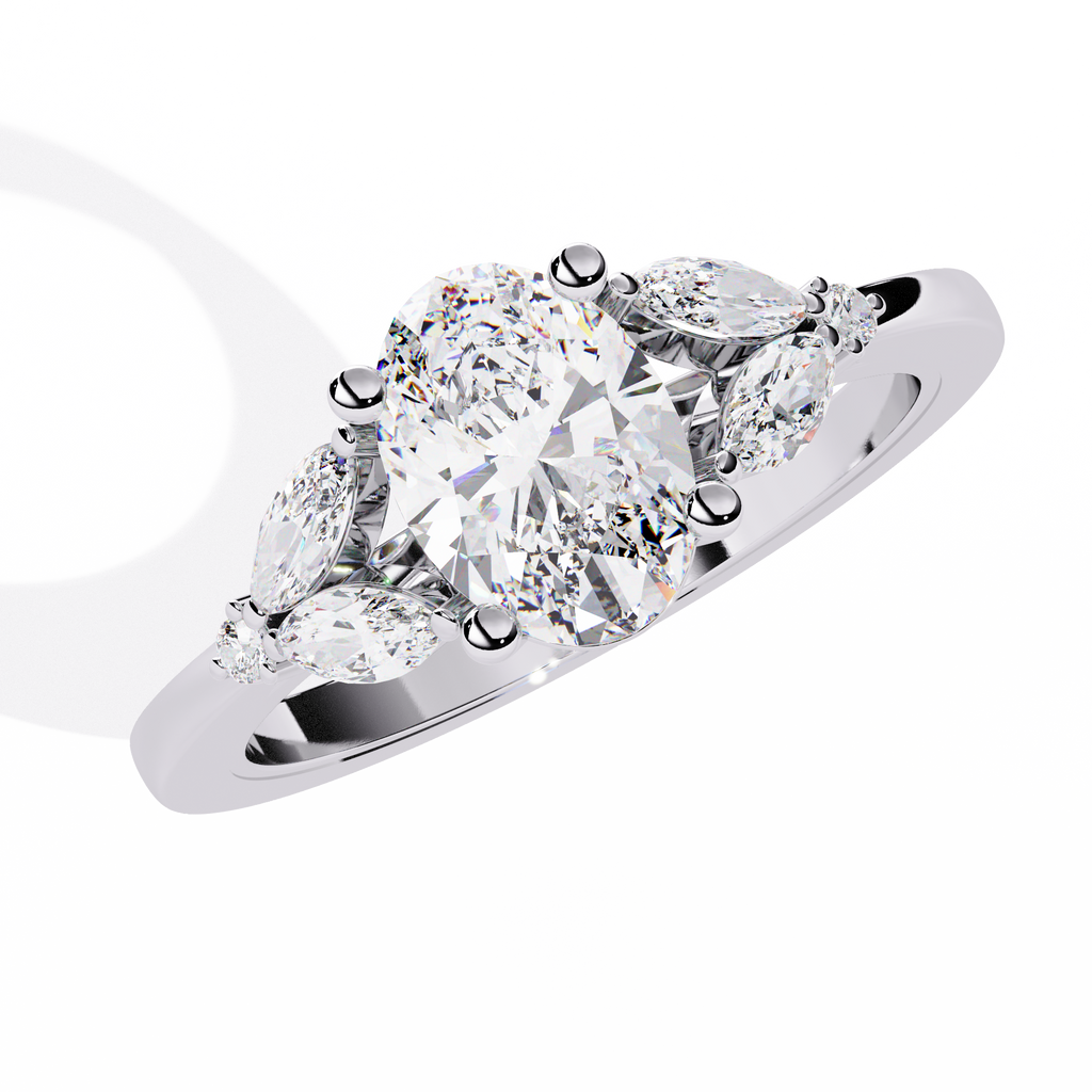 Anillo atemporal de diamantes cultivados en laboratorio de talla ovalada con detalles marquesa