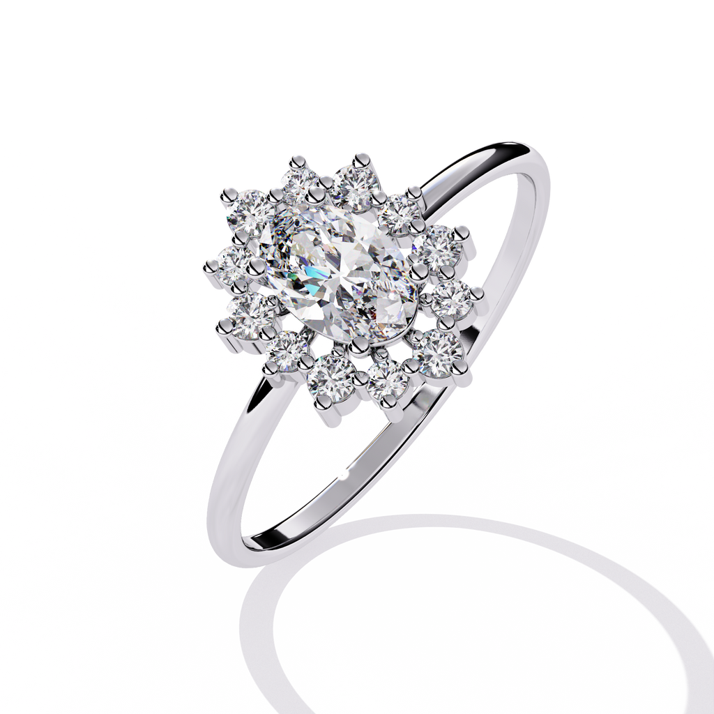 Anillo de diamantes cultivados en laboratorio con halo ovalado de inspiración vintage