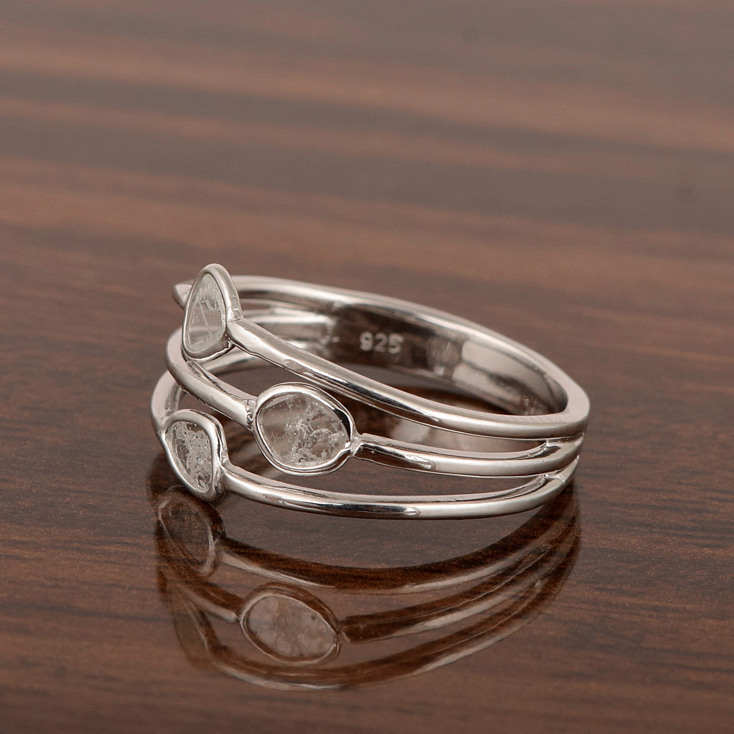 Anillo de trilogía de diamantes naturales Polki de 1,00 ct