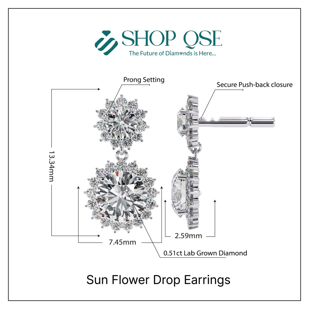 1.51ct Lab Grown Diamond Sun Flower Drop Earrings